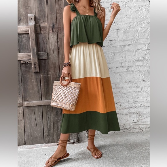 Boho Color Block Ruffle Neck Cami Maxi Dress - Picture 5 of 8